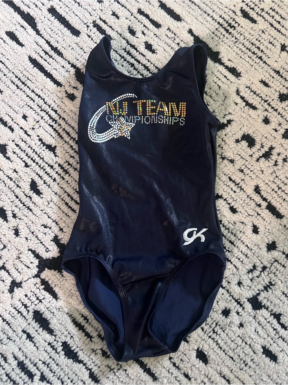 GK Navy Shimmer Gymnastics Leotard with Multicolor Rhinestone Logo